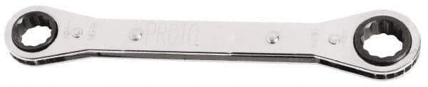 Proto - 7mm x 8mm 6 Point Reversible Ratcheting Offset Box Wrench - Double End, 9/16" Head Diam x 3/8" Head Thickness, 4" OAL, Steel, Chrome Finish, 25° Offset - USA Tool & Supply