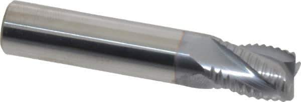 Accupro - 3/8" Diam, Fine Pitch, 1/2" LOC, 4 Flute Solid Carbide Roughing Square End Mill - TiCN Finish, 2" OAL, 3/8" Shank Diam, Single End, Centercutting, 30° Helix - USA Tool & Supply