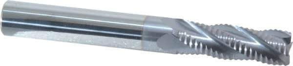 Accupro - 3/8" Diam, Fine Pitch, 1-1/8" LOC, 4 Flute Solid Carbide Roughing Square End Mill - TiCN Finish, 3" OAL, 3/8" Shank Diam, Single End, Centercutting, 30° Helix - USA Tool & Supply