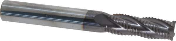 Accupro - 3/8" Diam, Fine Pitch, 1-1/8" LOC, 4 Flute Solid Carbide Roughing Square End Mill - AlTiN Finish, 3" OAL, 3/8" Shank Diam, Single End, Centercutting, 30° Helix - USA Tool & Supply