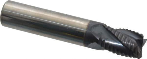 Accupro - 3/8" Diam, Fine Pitch, 1/2" LOC, 4 Flute Solid Carbide Roughing Square End Mill - AlTiN Finish, 2" OAL, 3/8" Shank Diam, Single End, Centercutting, 30° Helix - USA Tool & Supply