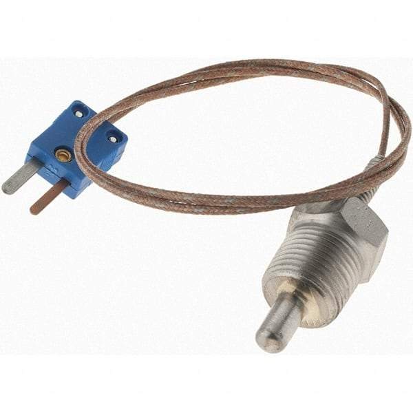 Thermo Electric - 0 to 700°F, T Pipe Plug, Thermocouple Probe - 5 Ft. Cable Length, Mini Connector, 1/2 Inch Probe Sheath Length, 6 Sec Response Time - USA Tool & Supply