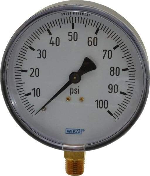 Wika - 4" Dial, 1/4 Thread, 0-100 Scale Range, Pressure Gauge - Lower Connection Mount, Accurate to 3-2-3% of Scale - USA Tool & Supply