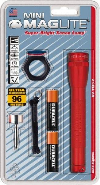 Mag-Lite - Krypton Bulb, 14 Lumens, Mini Flashlight - Red Aluminum Body, 2 AA Alkaline Batteries Included - USA Tool & Supply