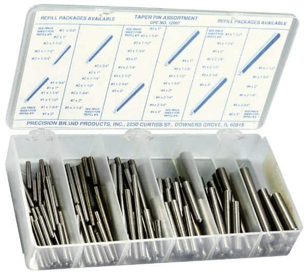 Precision Brand - 100 Piece, #0 to #6" Pin Diam, Taper Pin Assortment - 3/4 to 3" Long, 1215 & 12L14 Steel - USA Tool & Supply