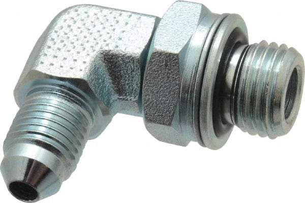 Voss - 7/16-20 x M14x1.5 Male Thread, Zinc Plated Carbon Steel Industrial Pipe 90° Elbow Adapter - MJIC x Male Metric - USA Tool & Supply
