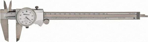Mitutoyo - 8" Max, 0.001" Graduation, 0.1" per Revolution, Dial Caliper - White Face, 1.9688" Jaw Length, Accurate to 0.0020" - USA Tool & Supply