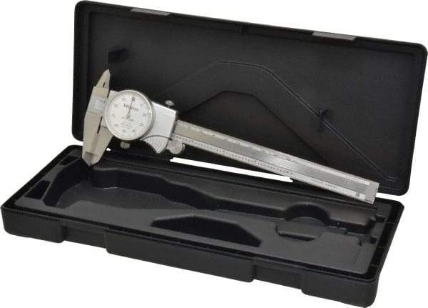 Mitutoyo - 0mm to 6" Range, 0.001" Graduation, 0.1" per Revolution, Dial Caliper - White Face, 1-9/16" Jaw Length, Accurate to 0.0010" - USA Tool & Supply