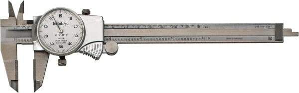 Mitutoyo - 0mm to 6" Range, 0.001" Graduation, 0.1" per Revolution, Dial Caliper - White Face, 1-9/16" Jaw Length, Accurate to 0.0010" - USA Tool & Supply