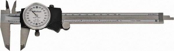 Mitutoyo - 0mm to 6" Range, 0.001" Graduation, 0.2" per Revolution, Dial Caliper - White Face, 1-9/16" Jaw Length, Accurate to 0.0010" - USA Tool & Supply