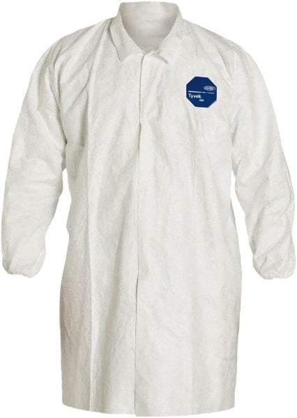 Dupont - Size 5XL White Disposable Chemical Resistant Lab Coat - Tyvek, Snap Front, Elastic Cuff - USA Tool & Supply