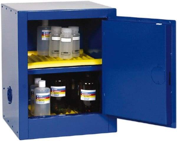 Eagle - 1 Door, 1 Shelf, Blue Steel Bench Top Safety Cabinet for Corrosive Chemicals - 23" High x 17-1/2" Wide x 18" Deep, Self Closing Door, 3 Point Key Lock, 4 Gal Capacity - USA Tool & Supply