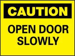 NMC - Caution - Open Door Slowly, Plastic Fire and Exit Sign - 10" Wide x 7" High - USA Tool & Supply