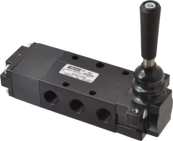 Parker - 0.83 CV Rate, 1/4" NPT Inlet Direct Air 4 Mechanical Spool Valve - 4 Way, 3 Position EC, Lever Spring Return, 150 Max psi - USA Tool & Supply
