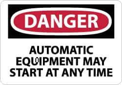 NMC - "Danger - Automatic Equipment May Start at Anytime", 10" Long x 14" Wide, Pressure-Sensitive Vinyl Safety Sign - Rectangle, 0.004" Thick, Use for Accident Prevention - USA Tool & Supply