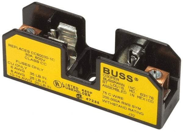 Cooper Bussmann - 3 Pole, 10 to 14 AWG, 600 VAC/VDC, 15 Amp, DIN Rail Mount Fuse Block - 3 Inch Long x 2.38 Inch Wide x 1.22 Inch High Block - USA Tool & Supply