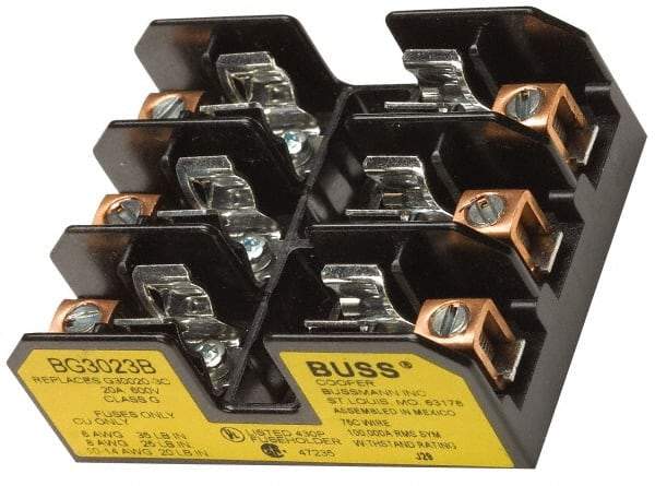 Cooper Bussmann - 3 Pole, 14 to 6 AWG, 480 VAC/VDC, 30 Amp, DIN Rail Mount Fuse Block - 3 Inch Long x 2.38 Inch Wide x 1.22 Inch High Block - USA Tool & Supply