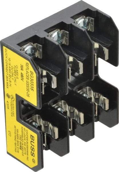 Cooper Bussmann - 3 Pole, 10 to 14 AWG, 480 VAC/VDC, 30 Amp, DIN Rail Mount Fuse Block - 3 Inch Long x 2.38 Inch Wide x 1.22 Inch High Block - USA Tool & Supply