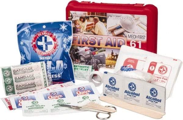 Medique - 61 Piece, Multipurpose/Auto/Travel First Aid Kit - 8" Wide x 2-1/2" Deep x 6" High, Plastic Case - USA Tool & Supply