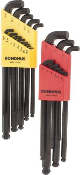 Bondhus - 22 Piece L-Key Ball End Hex Key Set - Hex Range 0.05 to 3/8", Protanium Up to reg/ Over Steel - USA Tool & Supply