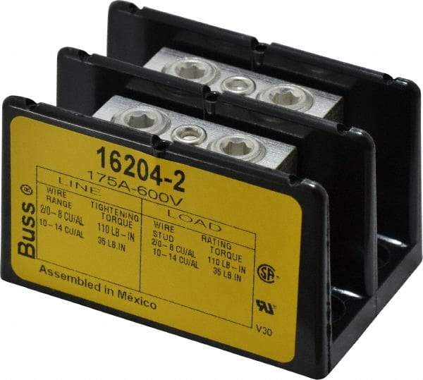 Cooper Bussmann - 2 Poles, 175 Amp, 2/0-8 AWG (Cu/Al) Primary, 2/0-8 AWG (Cu/Al) Secondary, Thermoplastic Power Distribution Block - 600 VAC/VDC, 1 Primary Connection, 3.58 Inch Long x 3.32 Inch Deep x 4 Inch High - USA Tool & Supply