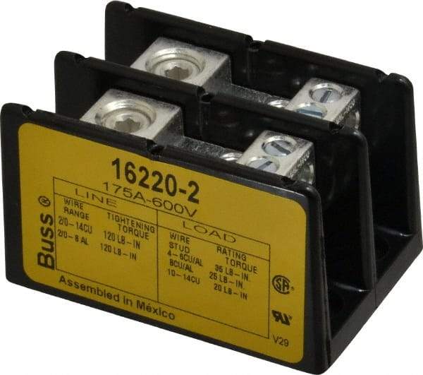 Cooper Bussmann - 2 Poles, 175 Amp, 8-2/0 AWG (Al), 14-2/0 AWG (Cu) Primary, 4-14 AWG (Cu), 4-8 AWG (Al) Secondary, Thermoplastic Power Distribution Block - 600 VAC/VDC, 1 Primary Connection, 3.58 Inch Long x 3.32 Inch Deep x 4 Inch High - USA Tool & Supply