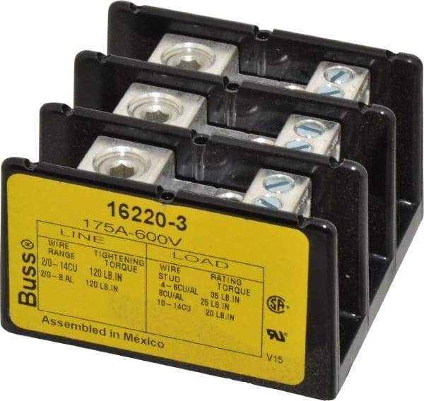 Cooper Bussmann - 3 Poles, 175 Amp, 8-2/0 AWG (Al), 14-2/0 AWG (Cu) Primary, 4-14 AWG (Cu), 4-8 AWG (Al) Secondary, Thermoplastic Power Distribution Block - 600 VAC/VDC, 1 Primary Connection, 5.2 Inch Long x 3.32 Inch Deep x 4 Inch High - USA Tool & Supply