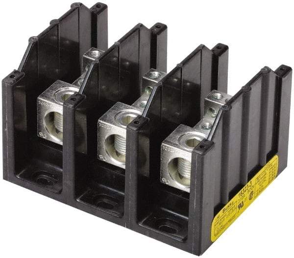 Cooper Bussmann - 3 Poles, 380 Amp, 500 kcmil-6 AWG (Cu/Al) Primary, 3/8-16 x 1-1/4 Stud Secondary, Thermoplastic Power Distribution Block - 600 VAC/VDC, 1 Primary Connection, 5.2 Inch Long x 3.32 Inch Deep x 4 Inch High - USA Tool & Supply