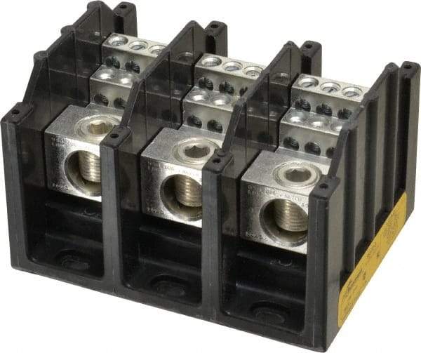 Cooper Bussmann - 3 Poles, 310 Amp, 350 kcmil-6 AWG (Cu/Al) Primary, 4-12 AWG (Al), 4-14 AWG (Cu) Secondary, Thermoplastic Power Distribution Block - 600 VAC/VDC, 1 Primary Connection, 5.2 Inch Long x 3.32 Inch Deep x 4 Inch High - USA Tool & Supply