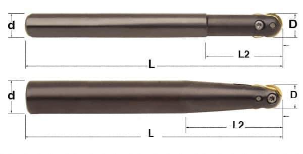 Minicut International - 3/4" Cut Diam, 0.512" Max Depth of Cut, 1" Shank Diam, 9.437" OAL, Indexable Ball Nose End Mill - 3" Head Length, Straight Shank, BNMI Toolholder, BNSI 0750 Insert - USA Tool & Supply