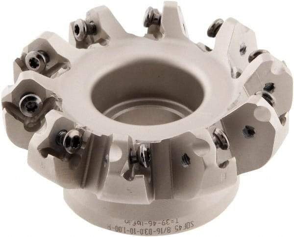 Iscar - 3" Cut Diam, 1" Arbor Hole, 0.138" Max Depth of Cut, 45° Indexable Chamfer & Angle Face Mill - 10 Inserts, ONHU 0505\xB6OXMT 0507\xB6S845 SN.U 1305 Insert, Right Hand Cut, 10 Flutes, Series Helido - USA Tool & Supply