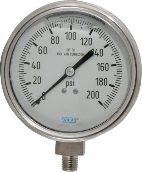 Wika - 4" Dial, 1/4 Thread, 0-200 Scale Range, Pressure Gauge - Lower Connection Mount, Accurate to 1% of Scale - USA Tool & Supply