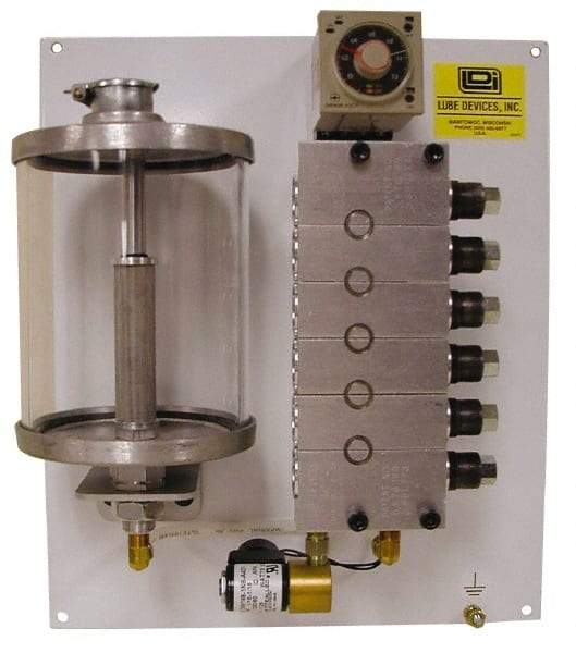 LDI Industries - 14 Ounce Reservoir Capacity, 0.16 cc Output per Cycle, 4 Outlet Panel-Mounted Central Lubrication System Electric Pump - 120 Volt, Grease, 1/8-27 Outlet Thread, NPTF - USA Tool & Supply