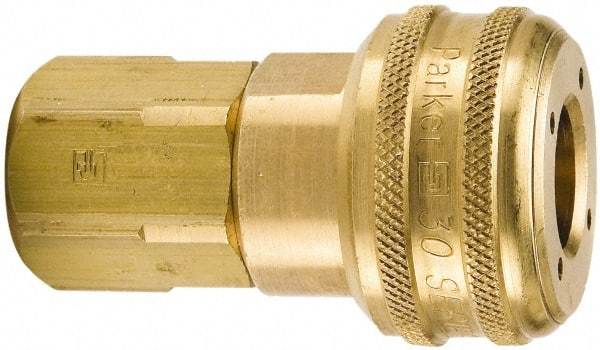 Parker - 1/2-14 Female NPTF Industrial Pneumatic Hose Coupler - Brass, 3/4" Body Diam - USA Tool & Supply