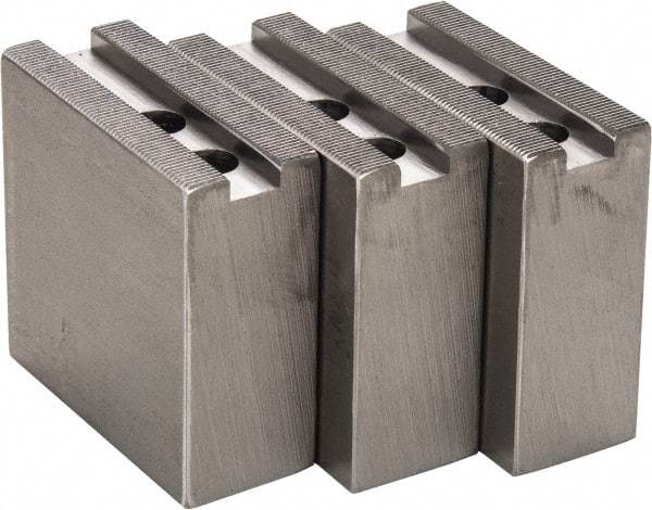 H & R Manufacturing - 1.5mm x 60° Serrated Attachment, Square Soft Lathe Chuck Jaw - 3 Jaws, Steel, 1" Btw Mount Hole Ctrs, 3-1/2" Long x 1-1/2" Wide x 3-1/2" High, 0.551" Groove, 12mm Fastener - USA Tool & Supply