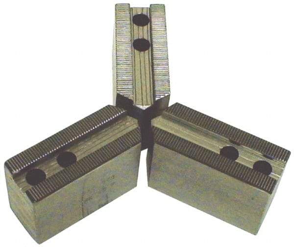 H & R Manufacturing - 4" Chuck Capacity, 1.5mm x 60° Serrated Attachment, Square Soft Lathe Chuck Jaw - 3 Jaws, Steel, 0.6" Btw Mount Hole Ctrs, 2" Long x 1" Wide x 1" High, 0.316" Groove, 5mm Fastener - USA Tool & Supply