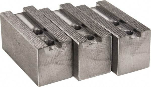 H & R Manufacturing - 1.5mm x 60° Serrated Attachment, Square Soft Lathe Chuck Jaw - 3 Jaws, Steel, 1.181" Btw Mount Hole Ctrs, 4" Long x 1-3/4" Wide x 2" High, 0.63" Groove, 12mm Fastener - USA Tool & Supply