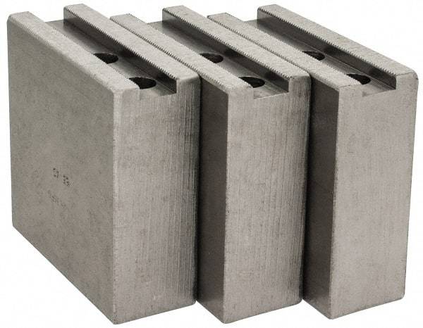 H & R Manufacturing - 1.5mm x 60° Serrated Attachment, Square Soft Lathe Chuck Jaw - 3 Jaws, Steel, 1.266" Btw Mount Hole Ctrs, 4" Long x 1-1/2" Wide x 4" High, 0.63" Groove, 12mm Fastener - USA Tool & Supply