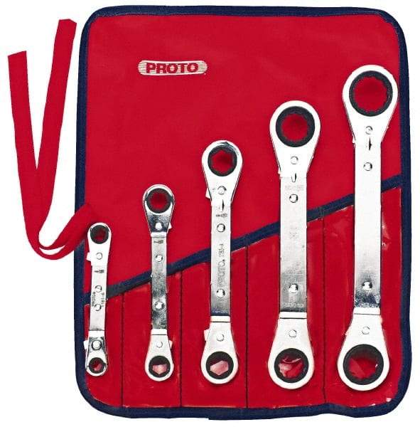 Proto - 5 Piece, 1/4 x 5/16 to 3/4 x 7/8", 6 & 12 Point, Ratcheting Box Wrench Set - Inch System of Measurement, Full Polish Finish, Comes in Nylon Roll - USA Tool & Supply