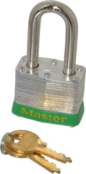 Master Lock - Keyed Alike Retaining Key Conductive Lockout Padlock - 1-1/2" Shackle Clearance, 9/32" Shackle Diam, 1-1/4" Body Height x 1-9/16" Body Width, Green, 4 Pins - USA Tool & Supply