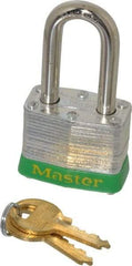 Master Lock - Keyed Alike Retaining Key Conductive Lockout Padlock - 1-1/2" Shackle Clearance, 9/32" Shackle Diam, 1-1/4" Body Height x 1-9/16" Body Width, Green, 4 Pins - USA Tool & Supply