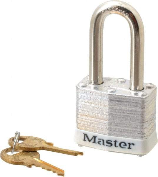 Master Lock - Keyed Different Retaining Key Conductive Lockout Padlock - 1-1/2" Shackle Clearance, 9/32" Shackle Diam, 1-1/4" Body Height x 1-9/16" Body Width, White, 4 Pins - USA Tool & Supply