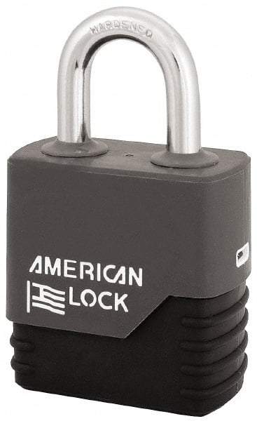 American Lock - 1-1/8" Shackle Clearance, Keyed Different Padlock with Weather Cover - 5/16" Shackle Diam, Steel - USA Tool & Supply