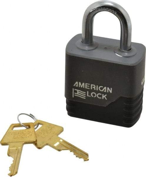 American Lock - 1-1/8" Shackle Clearance, Keyed Different Padlock with Weather Cover - 5/16" Shackle Diam, Brass - USA Tool & Supply