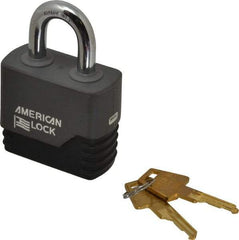 American Lock - 1-1/8" Shackle Clearance, Keyed Different Padlock with Weather Cover - 3/8" Shackle Diam, Brass - USA Tool & Supply