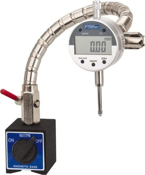 Fowler - 0.0005" Graduation, 0-15-0 Dial Reading, Electronic Indicator & Base Kit - 0.01mm Resolution, 1-1/4" Base Length x 1-1/4" Base Height, 1.26" Base Diam, 2-1/4" Dial Diam - USA Tool & Supply