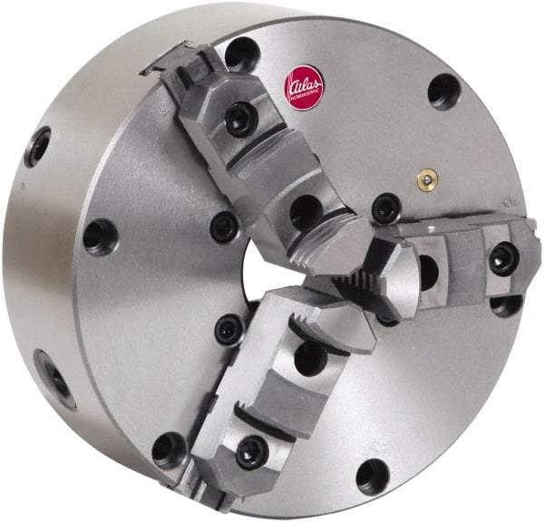 Atlas Workholding - 3 Jaws, 8" Diam, Self Centering Manual Lathe Chuck - Plain Back Mount Spindle, Adjustable, Reversible, 2,800 Max RPM, 2.346" Through Hole Diam, Cast Iron - USA Tool & Supply