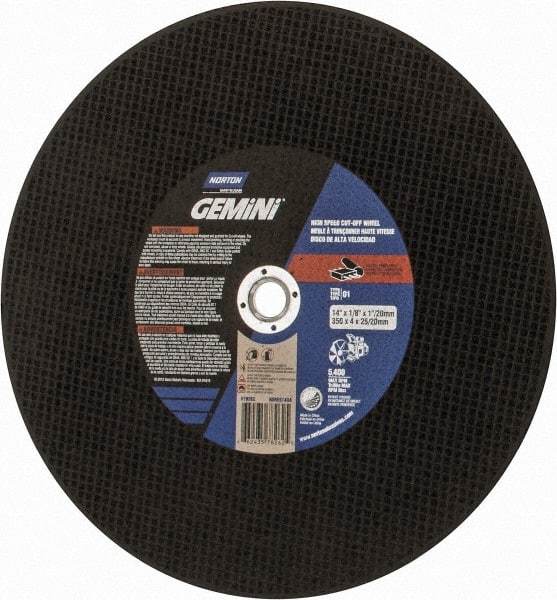 Norton - 14" Aluminum Oxide Cutoff Wheel - 1/8" Thick, 20mm Arbor, 5,400 Max RPM, Use with Angle Grinders - USA Tool & Supply