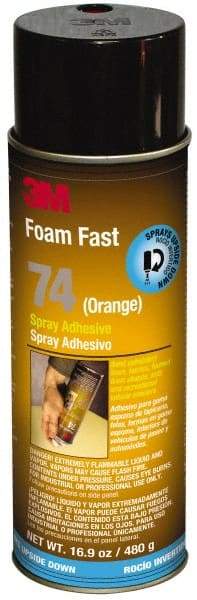 3M - 24 oz Aerosol Orange Spray Adhesive - High Tack, 170°F Heat Resistance, 40 Sq Ft Coverage, Medium Strength Bond, 15 min Max Bonding Time, Flammable, Series 74 - USA Tool & Supply