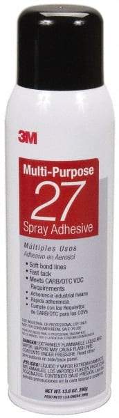 3M - 20 oz Aerosol Clear Spray Adhesive - High Tack, 140°F Heat Resistance, 78 Sq Ft Coverage, Low Strength Bond, 10 min Max Bonding Time, Flammable, Series 27 - USA Tool & Supply